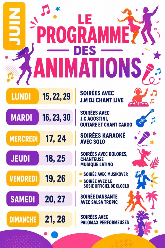 Programme des animations juin au restaurant Les Pins Maritimes avec soirées musicales, karaoké, salsa et spectacles tous les