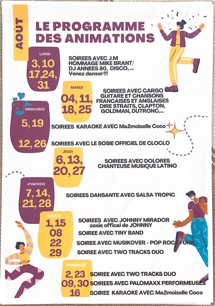 Programme mensuel des animations du restaurant avec soirées thématiques par jour de la semaine, incluant concerts, karaoke